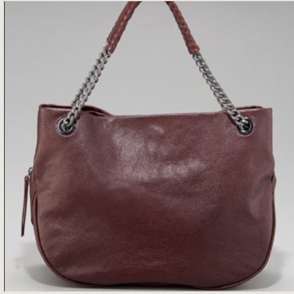 Elie Tahari Maroon Leather Tote with Chain-Strap Handles